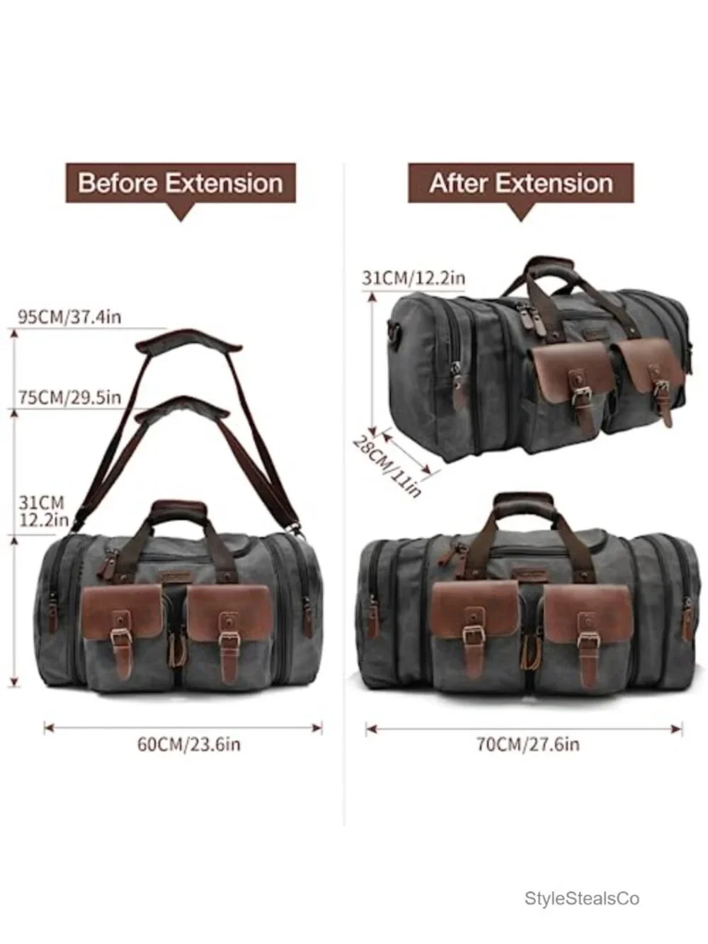 60L Canvas Travel Duffel Bag with Leather Trim, Expandable Weekender, Carry On
